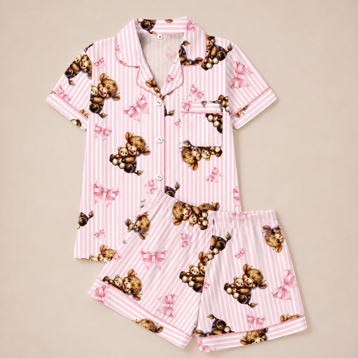 Casual Cow Pinted Short Sleeve Shirt And Shorts Pajama Set For Women