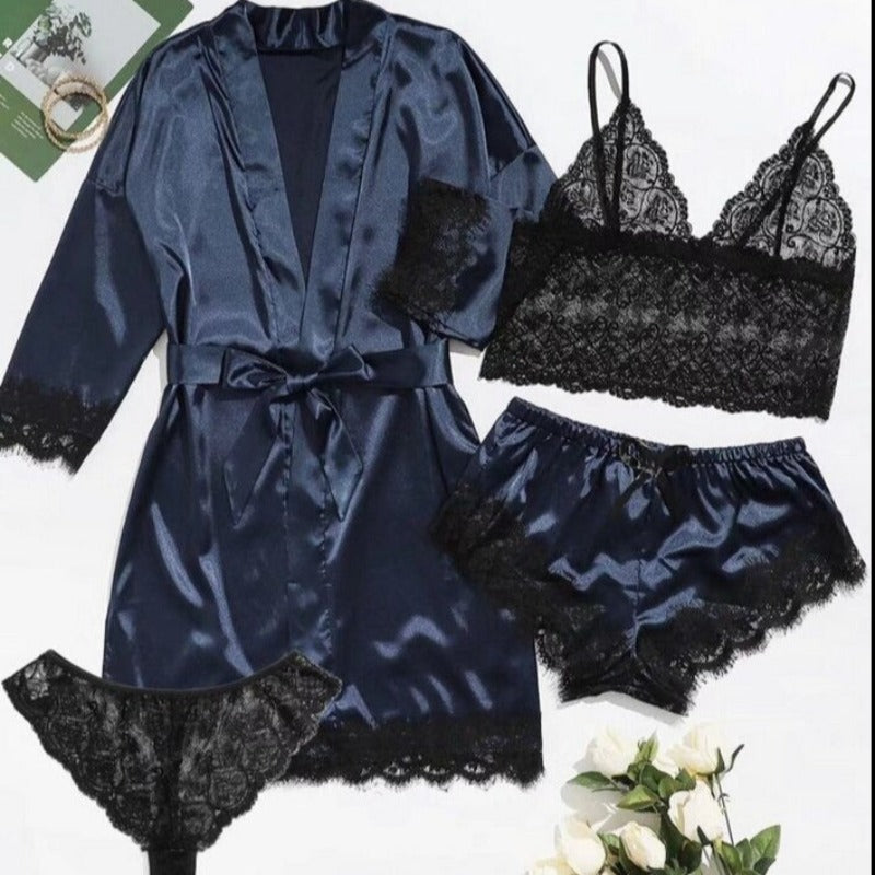 Women's Black Lace V-Neck Pajamas Set