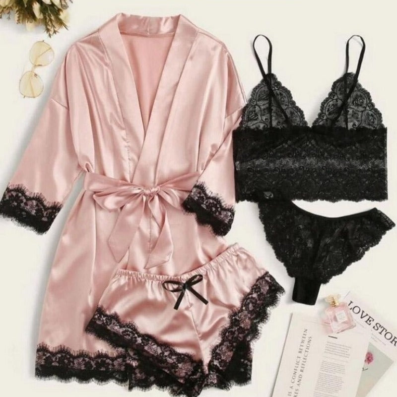 Women's Black Lace V-Neck Pajamas Set-Original Pajamas