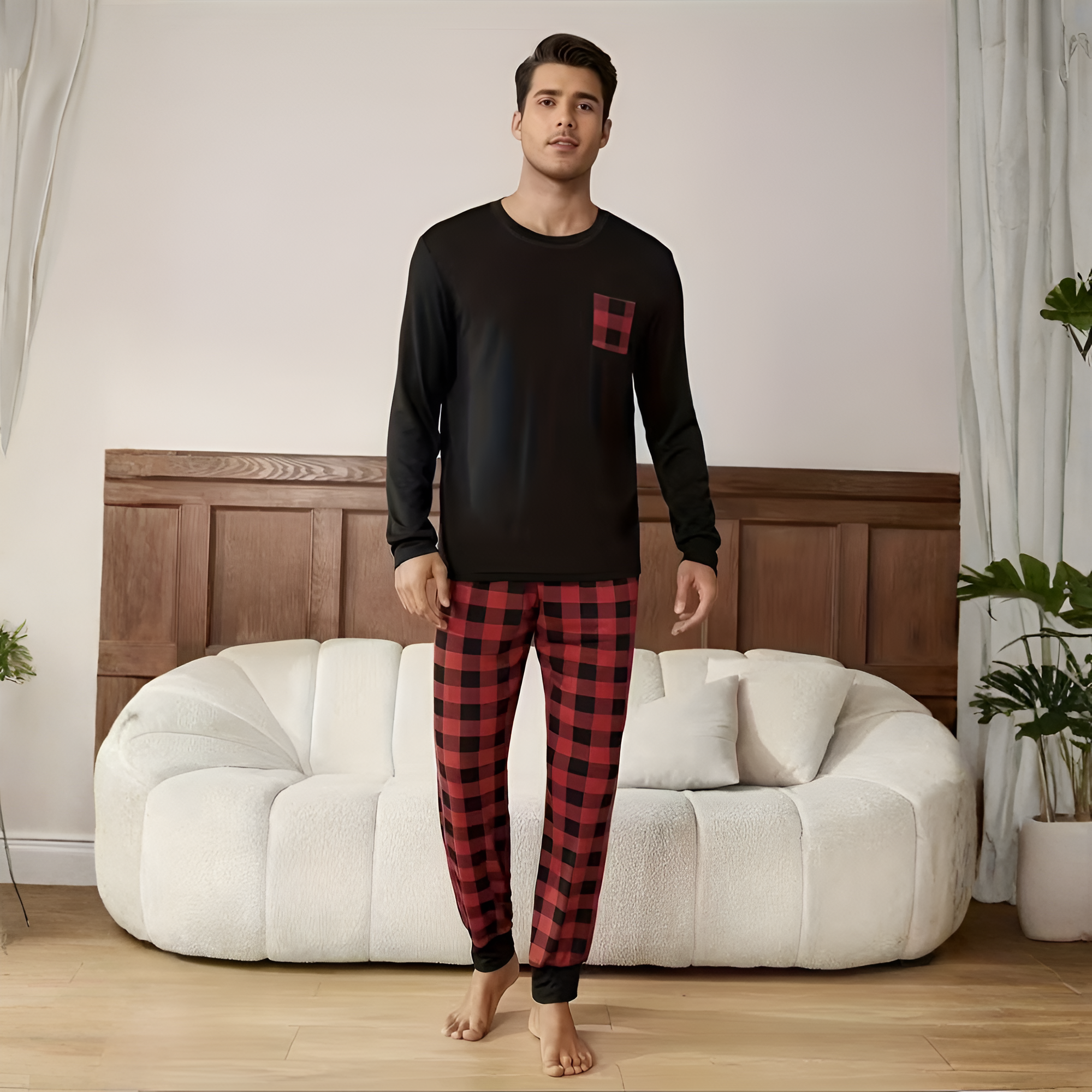 Plaid Designed Lounge Pajama Set For Couple With Pockets