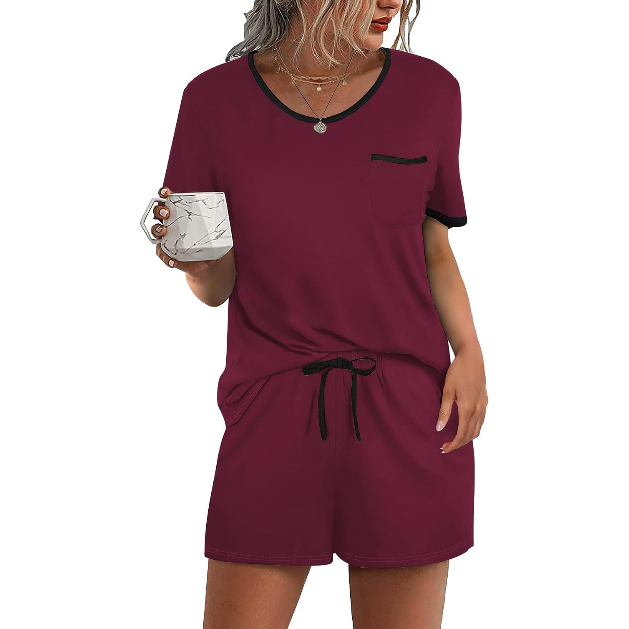 2 Piece Pajama Set With Short Sleeve Top and Shorts For Women
