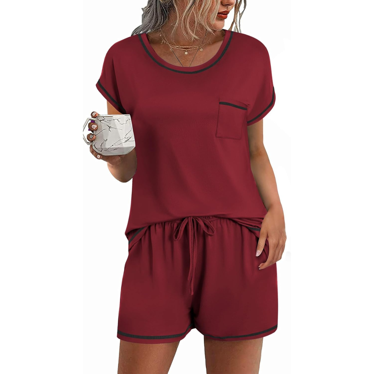 2 Piece Comfortable Pajama Set With Short Sleeve Top And Pocket Shorts For Women