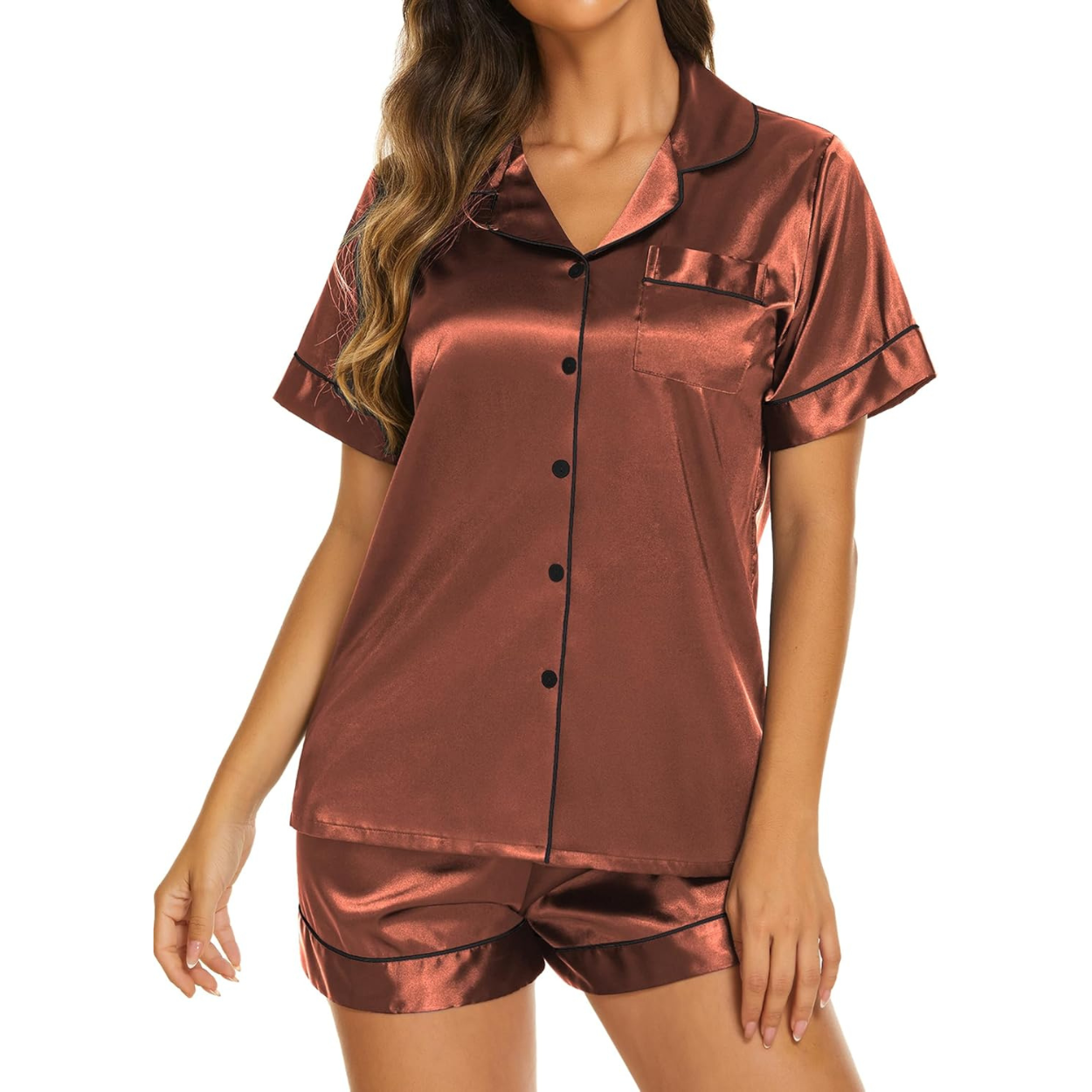 Casual Silk Pajama Set With Short Sleeve Button Down Shirt And Shorts For Women