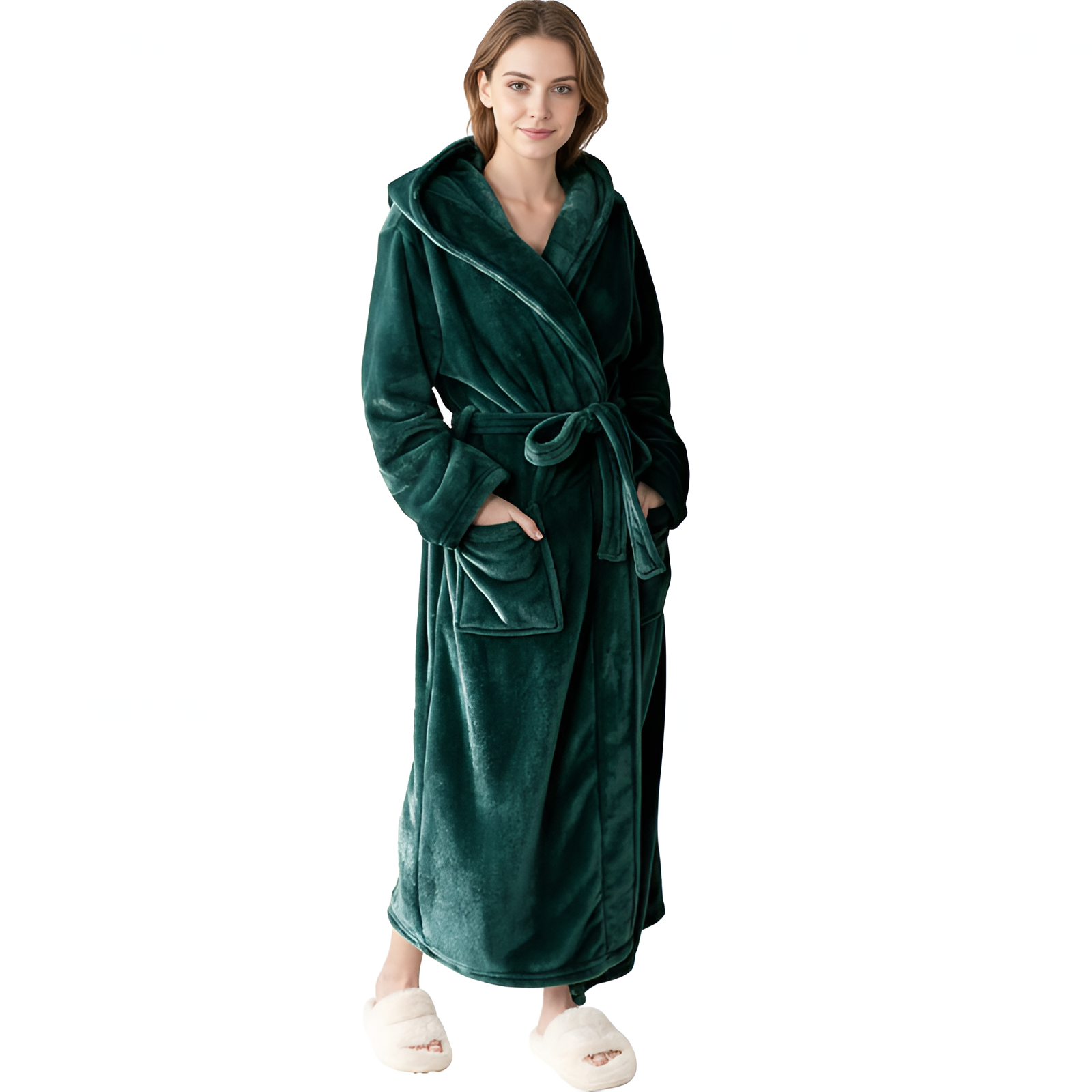 Full Length Hooded Plush Fleece Bathrobe For Women