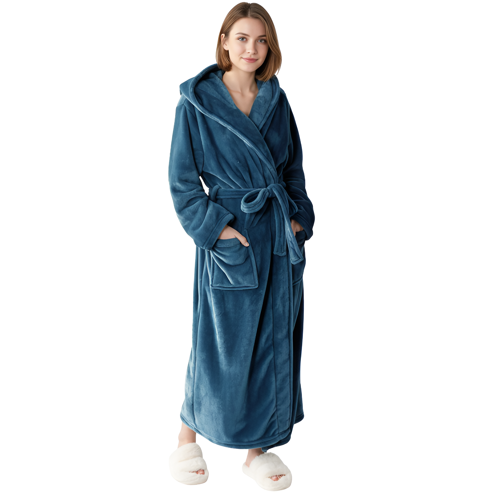 Full Length Hooded Plush Fleece Bathrobe For Women