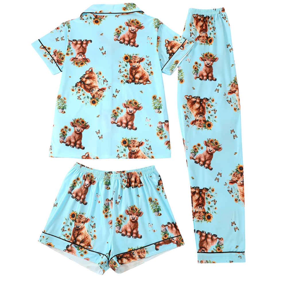 Three Piece Cow Print Pajama Set