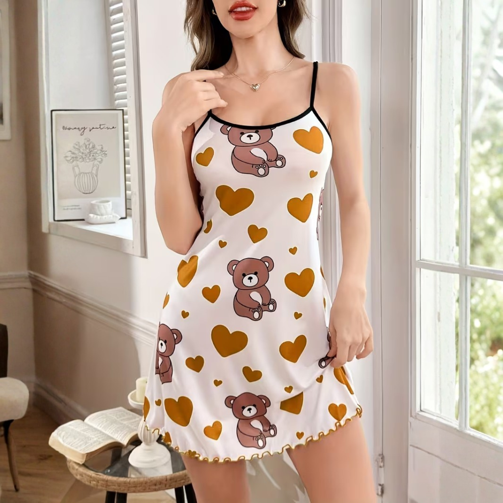 Bear Pattern Camisole Nightgown With Smooth Fabric For Women