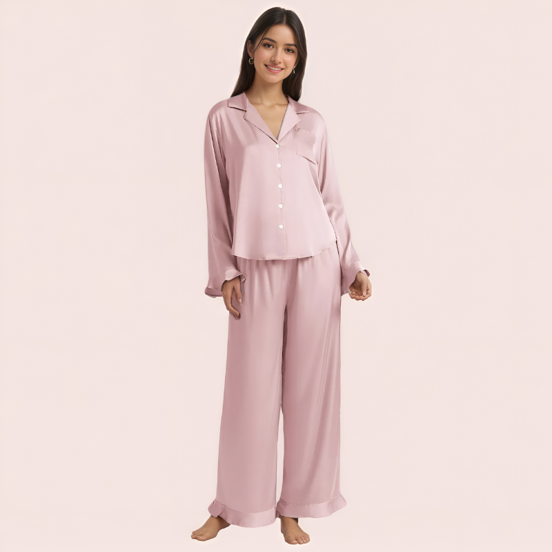 Ruffled Satin Long Sleeve Pajama Set