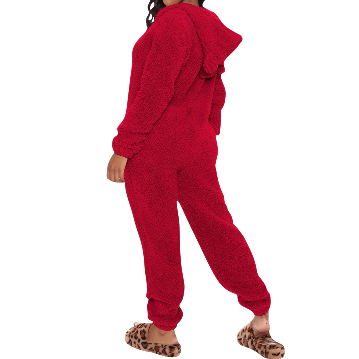 Fuzzy Hooded Pajama Jumpsuit With Zipper For Women