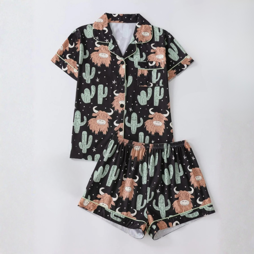 Two Piece Cartoon Yak And Cactus Printed Pajama Set For Women