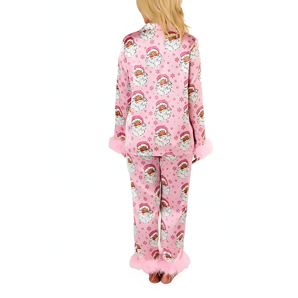 Santa Print Feather Trim Holiday Pajama Set-Original Pajamas