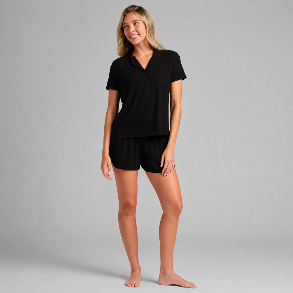 Soft Ribbed Short Sleeve Pajama Set For Women