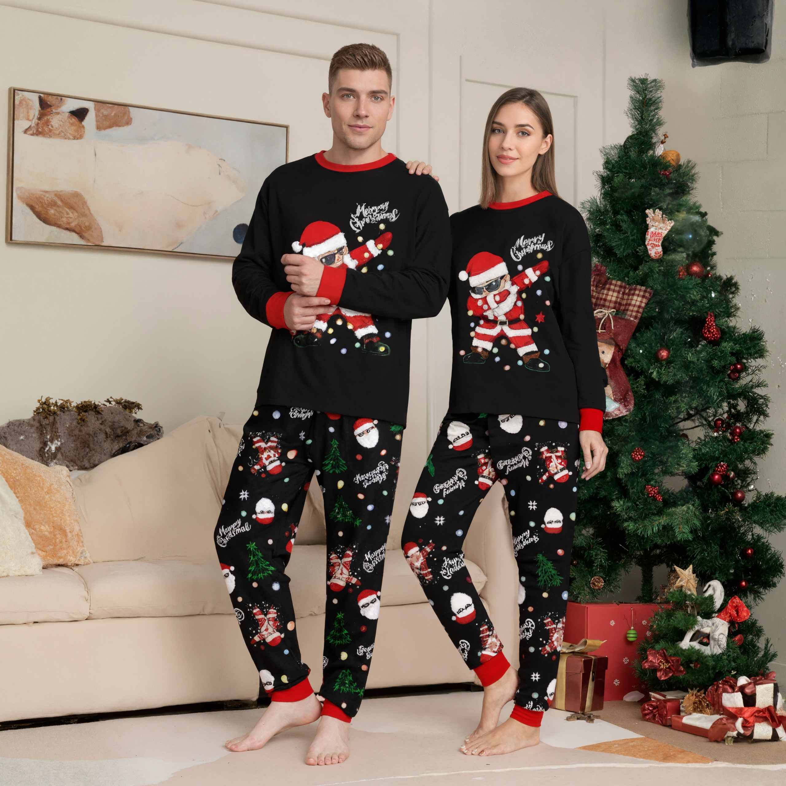 Men and Women Santa Christmas Tree and Lights Printed Long Sleeve Family Matching Pajama Sets
