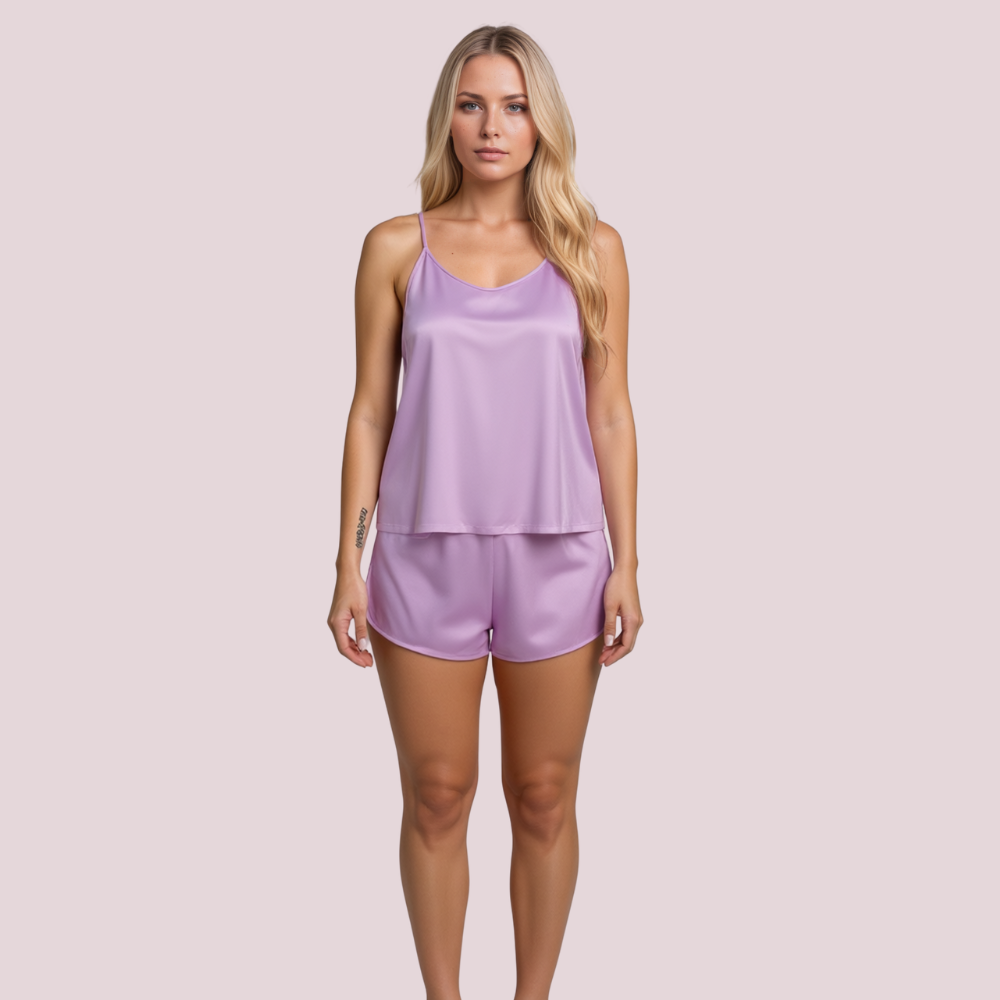 Satin Cami Pajama Set with Adjustable Straps and Shorts