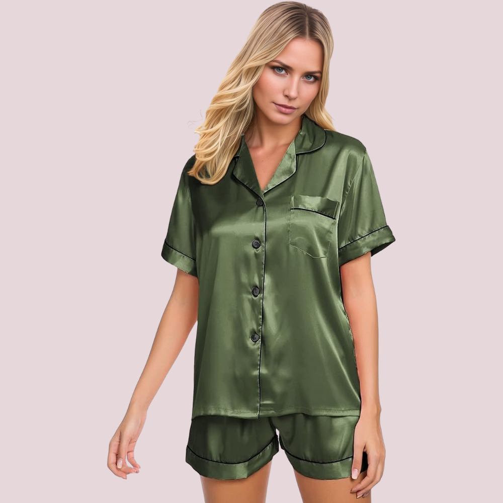 Women Satin Pajama Set Short Sleeve Top and Shorts
