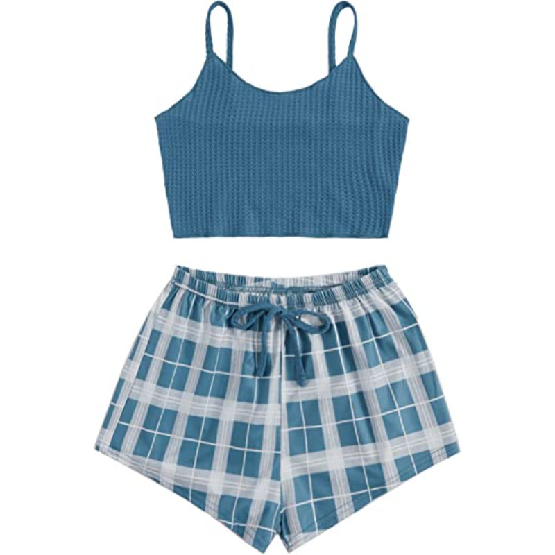 Women's 2 Piece Sleeveless Button Crop Tank Tops & Shorts Lounge Set-Original Pajamas