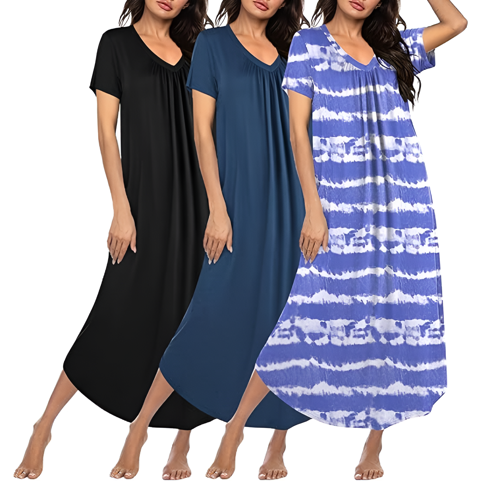Pack Of 3 Long Nightgowns For Women With Short Sleeves