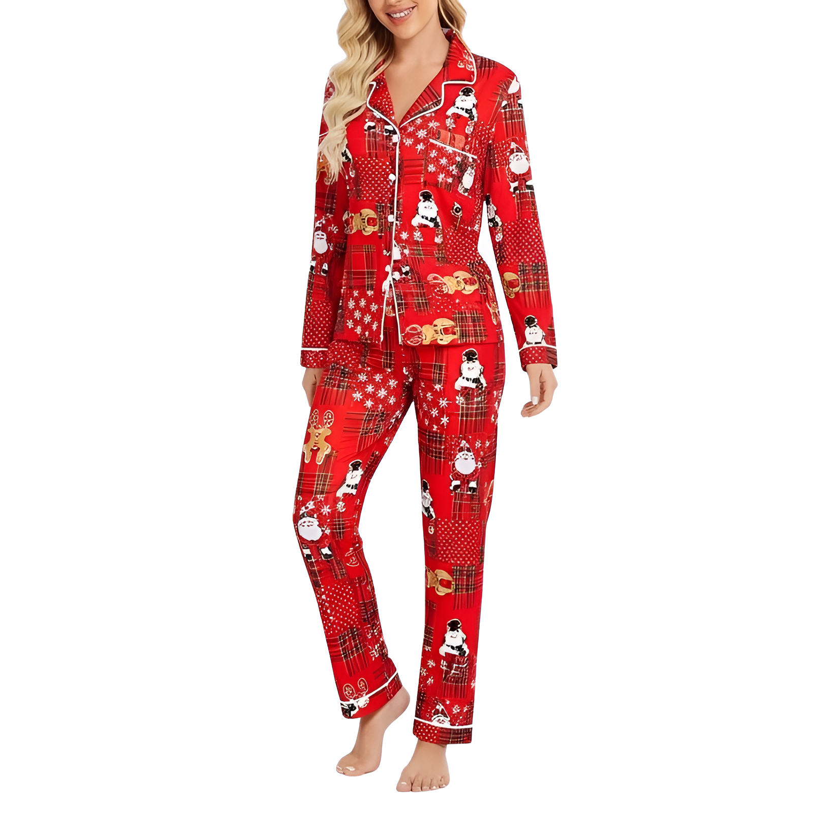 Family Christmas Pajama Set with Plaid Pants and Printed Tops