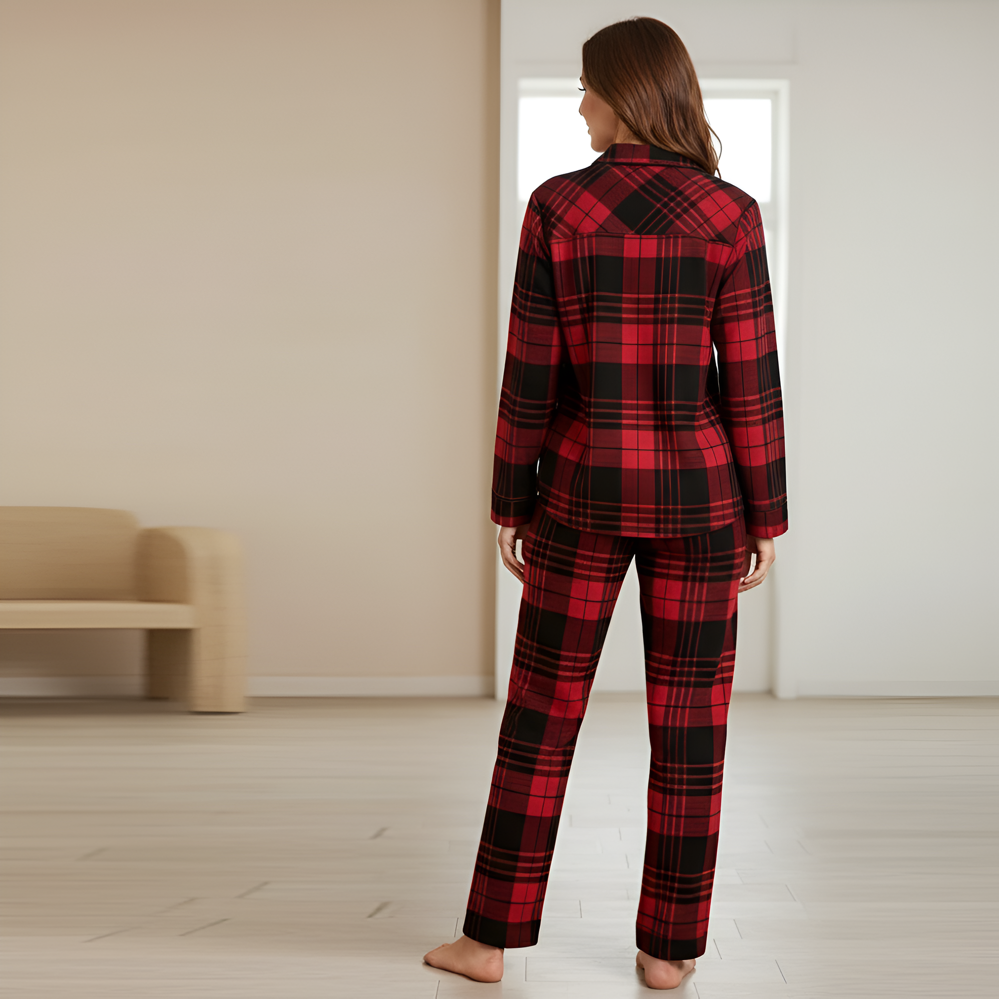 ouple Style Pajamas,Men's Or Women's Sleepwear Homewear,Valentine's Day Plaid Casual Lapel Top and Pants