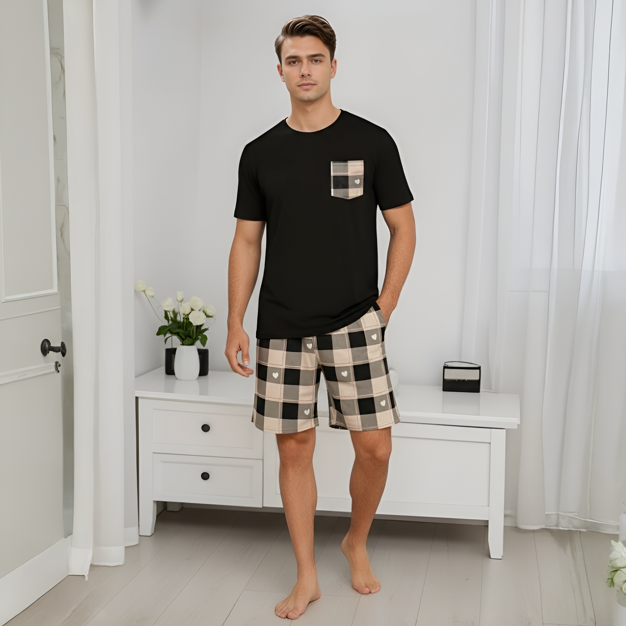 Couple Style Heart Plaid Pocket Short Sleeve Shorts Loungewear Set,