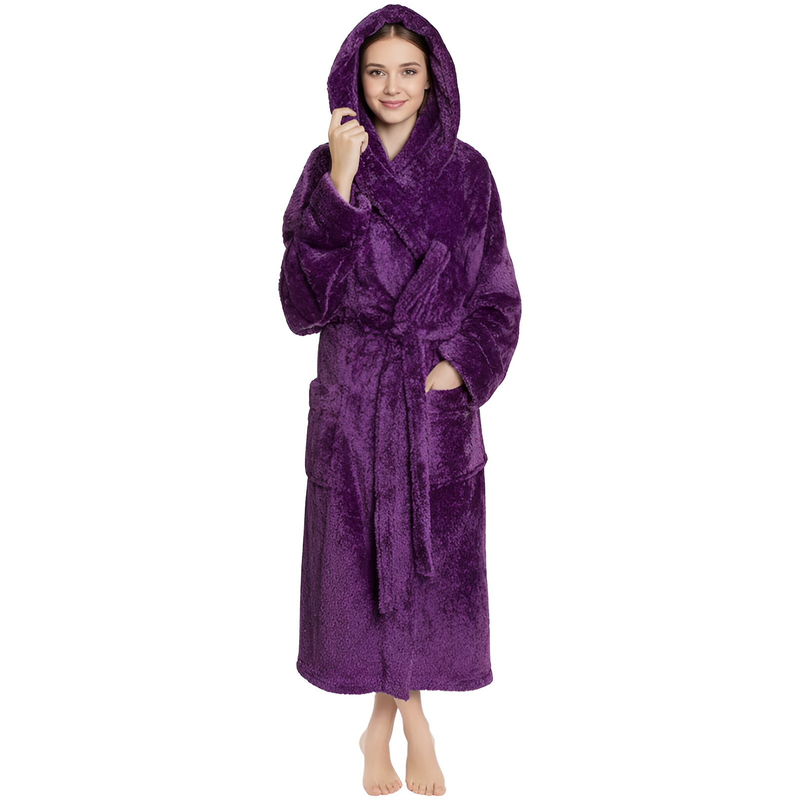 Women Hooded Plush Soft Robe Fluffy Warm Fleece Sherpa Shaggy Bathrobe