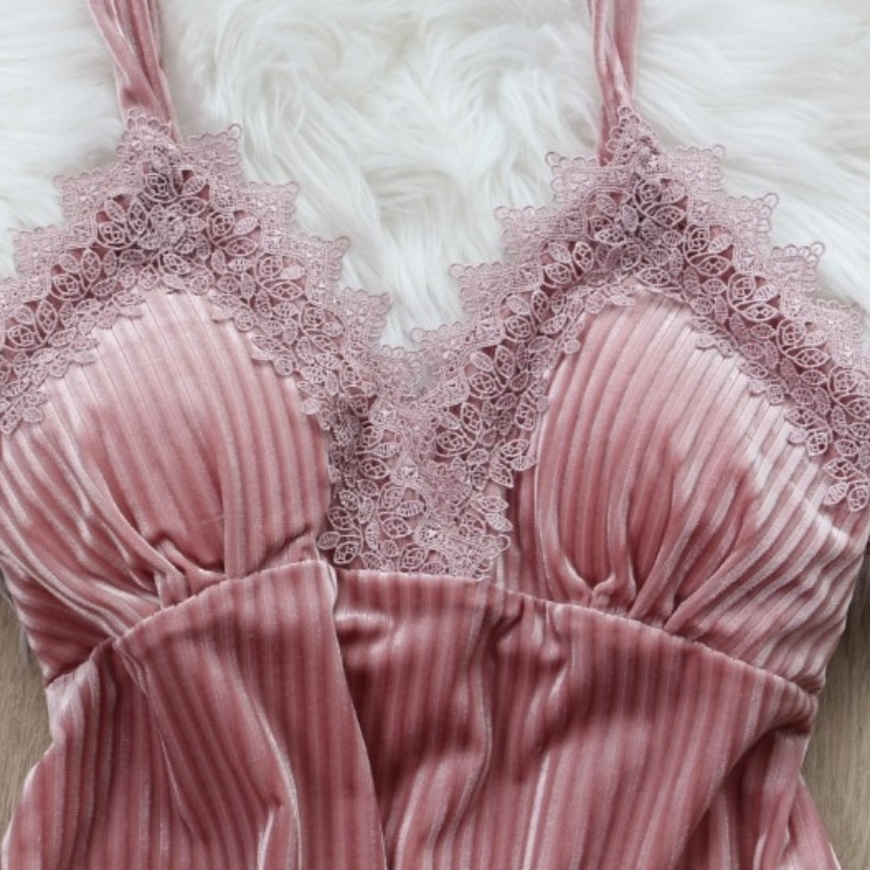 Velvet Sleepwear 3 Piece Pajamas Lace Trim Solid-Original Pajamas