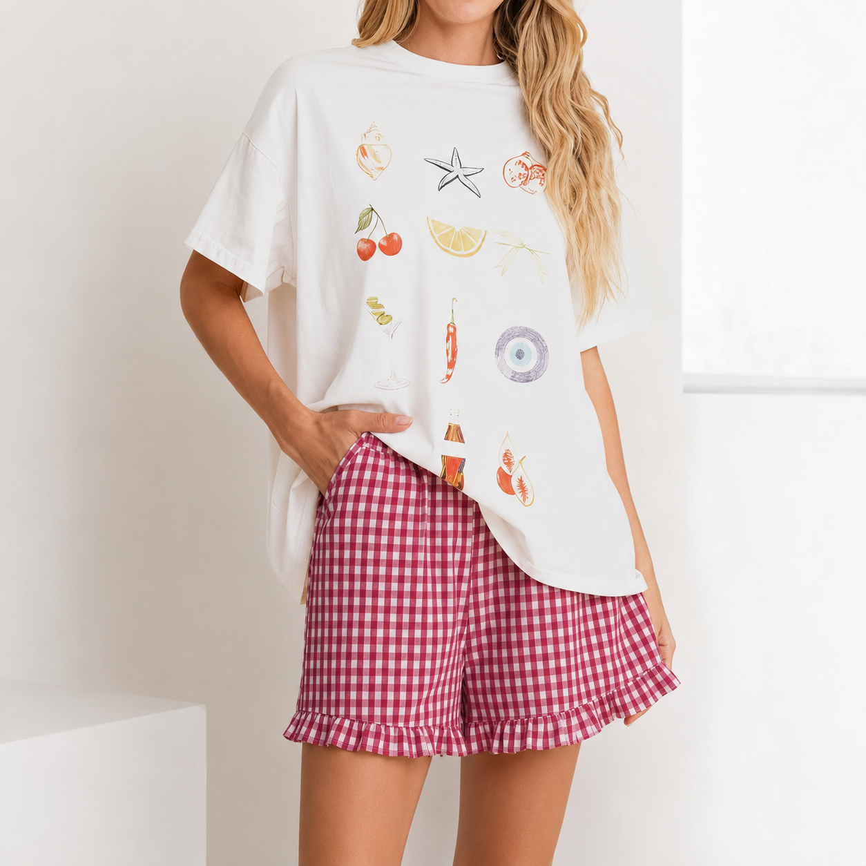 Plaid Ruffle Lounge Pajama Shorts With Pockets For Women 