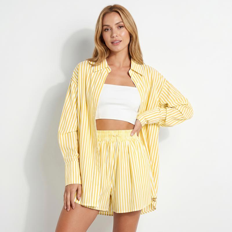  Casual Color Matching Striped Long Sleeve Shirt And Drawstring Shorts Loungewear 2 Pieces Set For Women