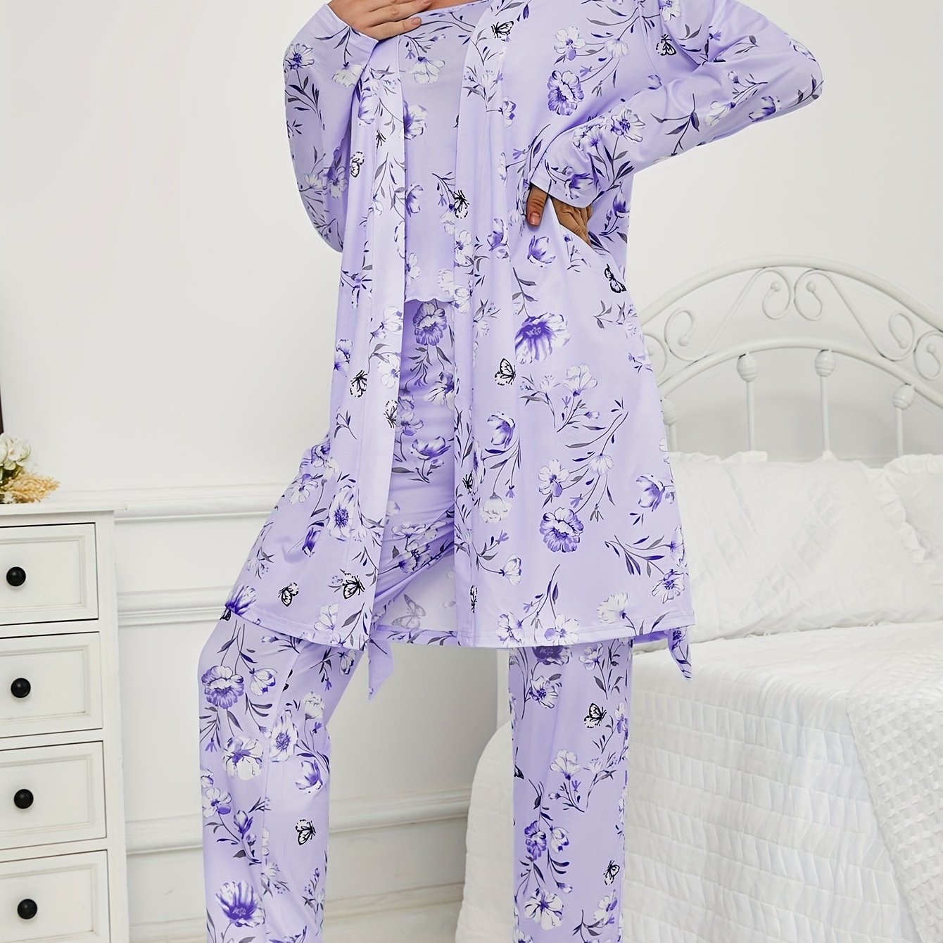 Three Piece Knit Pajama Set With Long Sleeve Belted Robe