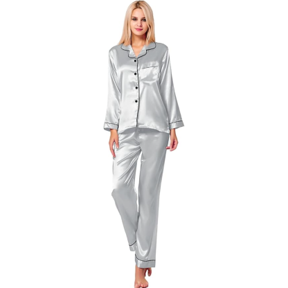 Long Sleeve Button Up Satin Pajama Set-Original Pajamas