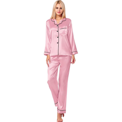 Button Down Long Sleeve Satin Pajama Set-Original Pajamas