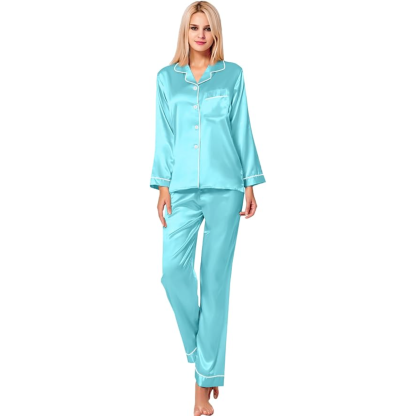 Long Sleeve Button Up Satin Pajama Set-Original Pajamas