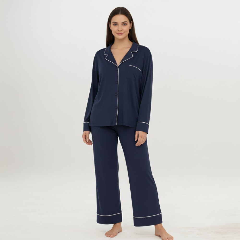 Cotton Modal Long Sleeve Shirt And Full Length Bottom Pajama Set