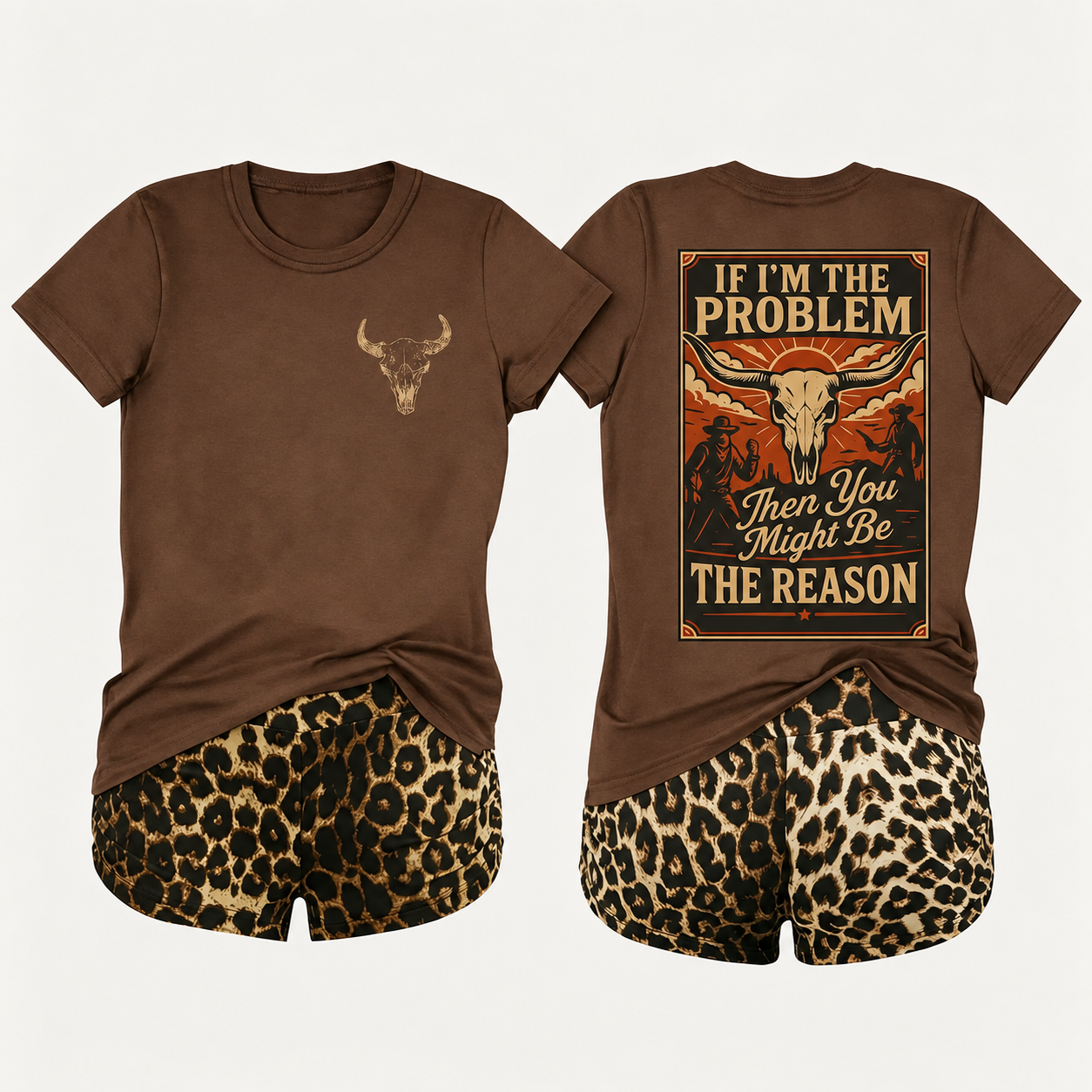 2 Piece Leopard Print Shorts And T Shirt Set For Women