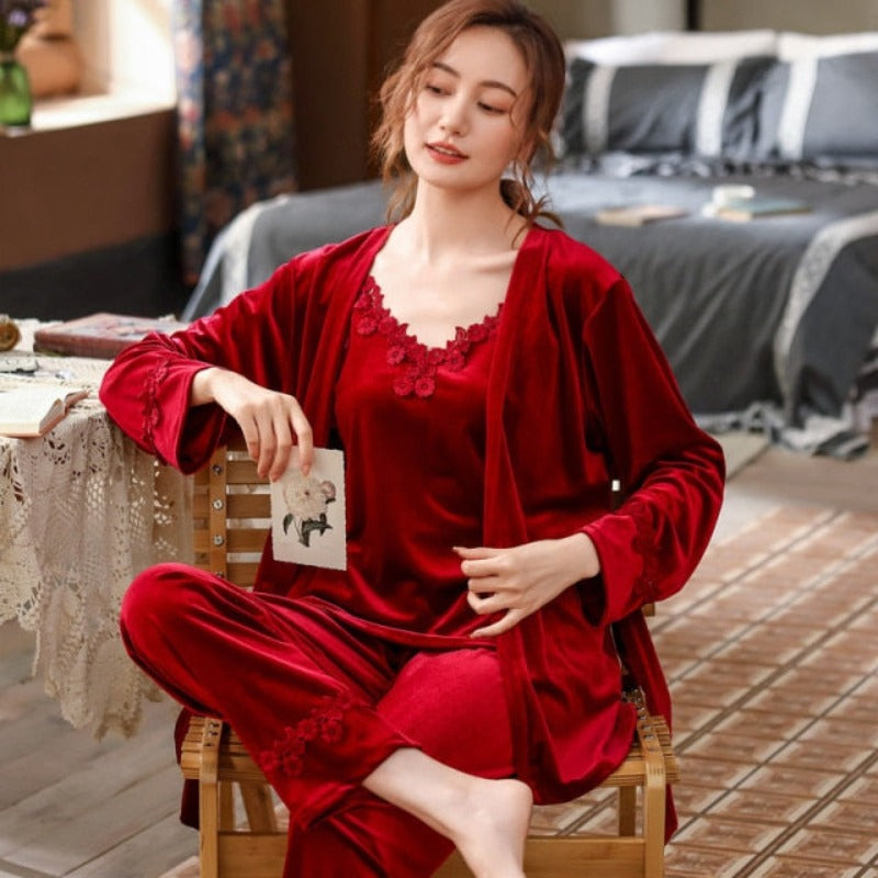 Best 3 Piece Women Lace Kimono Pajamas Set Sleepwear-Original Pajamas