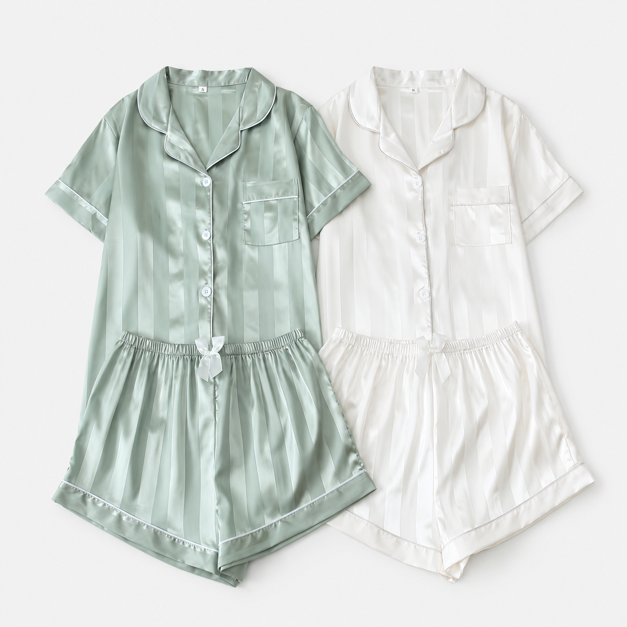 Two Piece Striped Satin Button Top And Shorts Pajama Set For Women