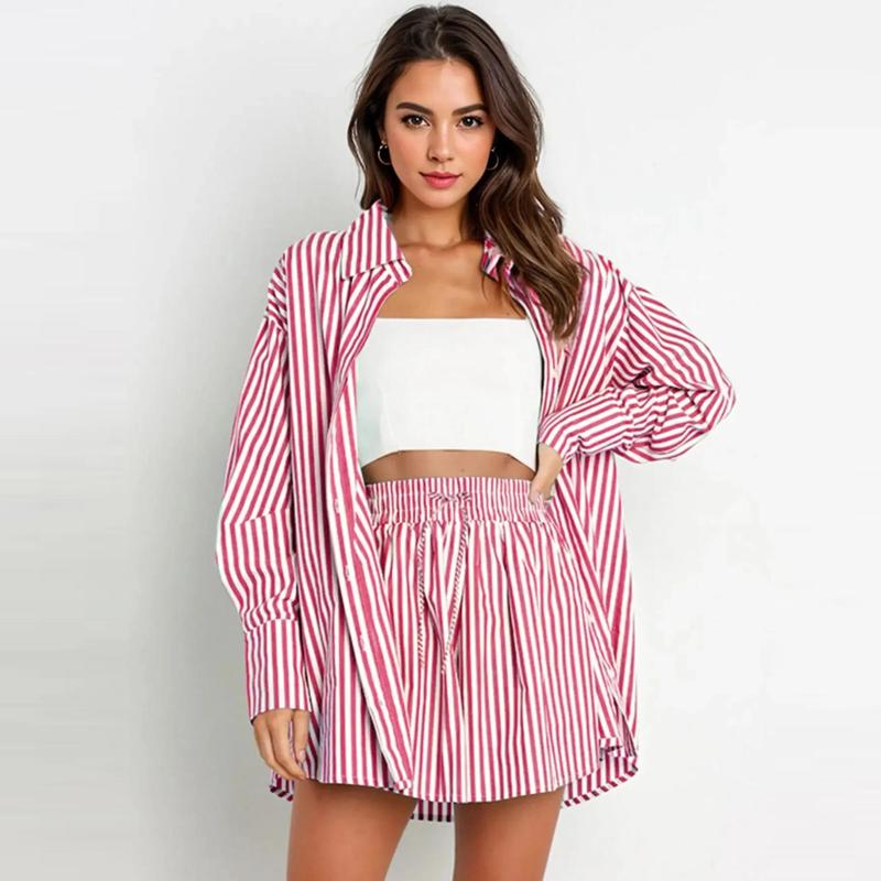  Casual Color Matching Striped Long Sleeve Shirt And Drawstring Shorts Loungewear 2 Pieces Set For Women
