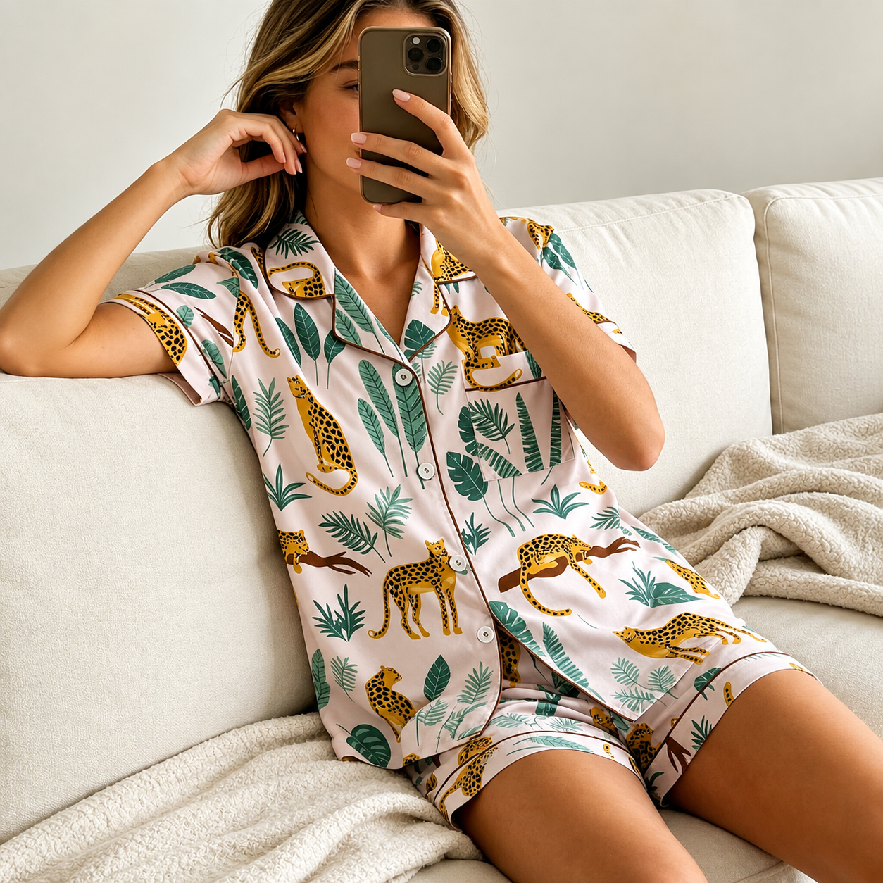Casual Printed Short Sleeve Top And Shorts Pajama Set For Women