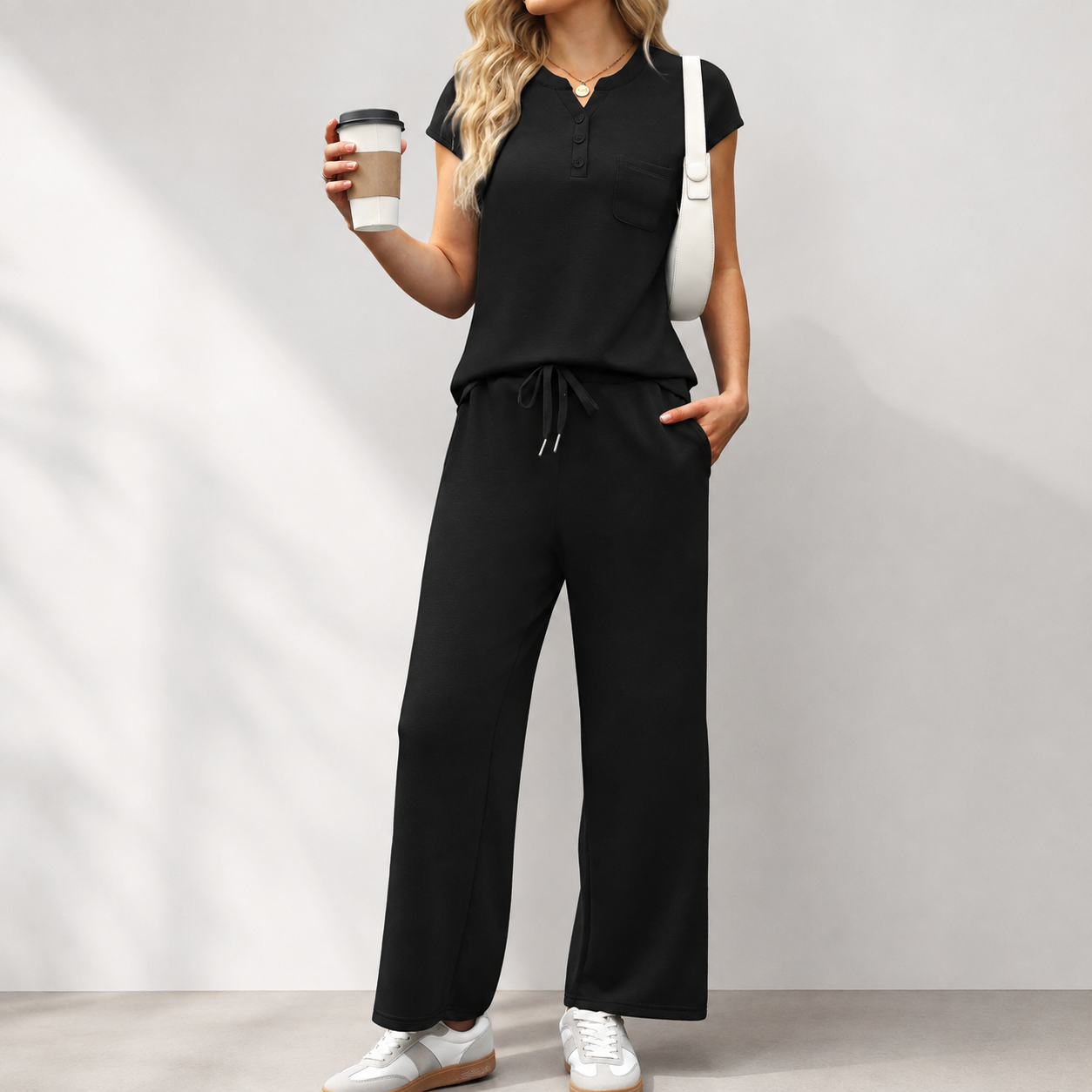 2 Piece Minimalist Loungewear Set With Button And Drawstring For Women
