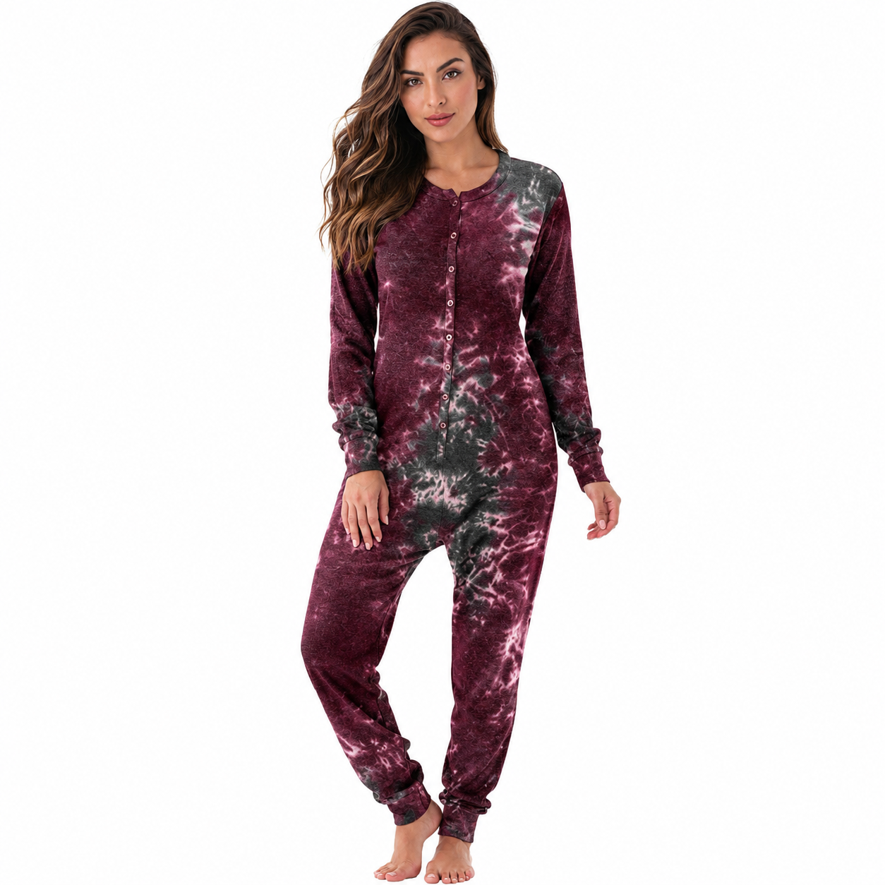 Tie Dye Henley Thermal Lounge Onesie For Women
