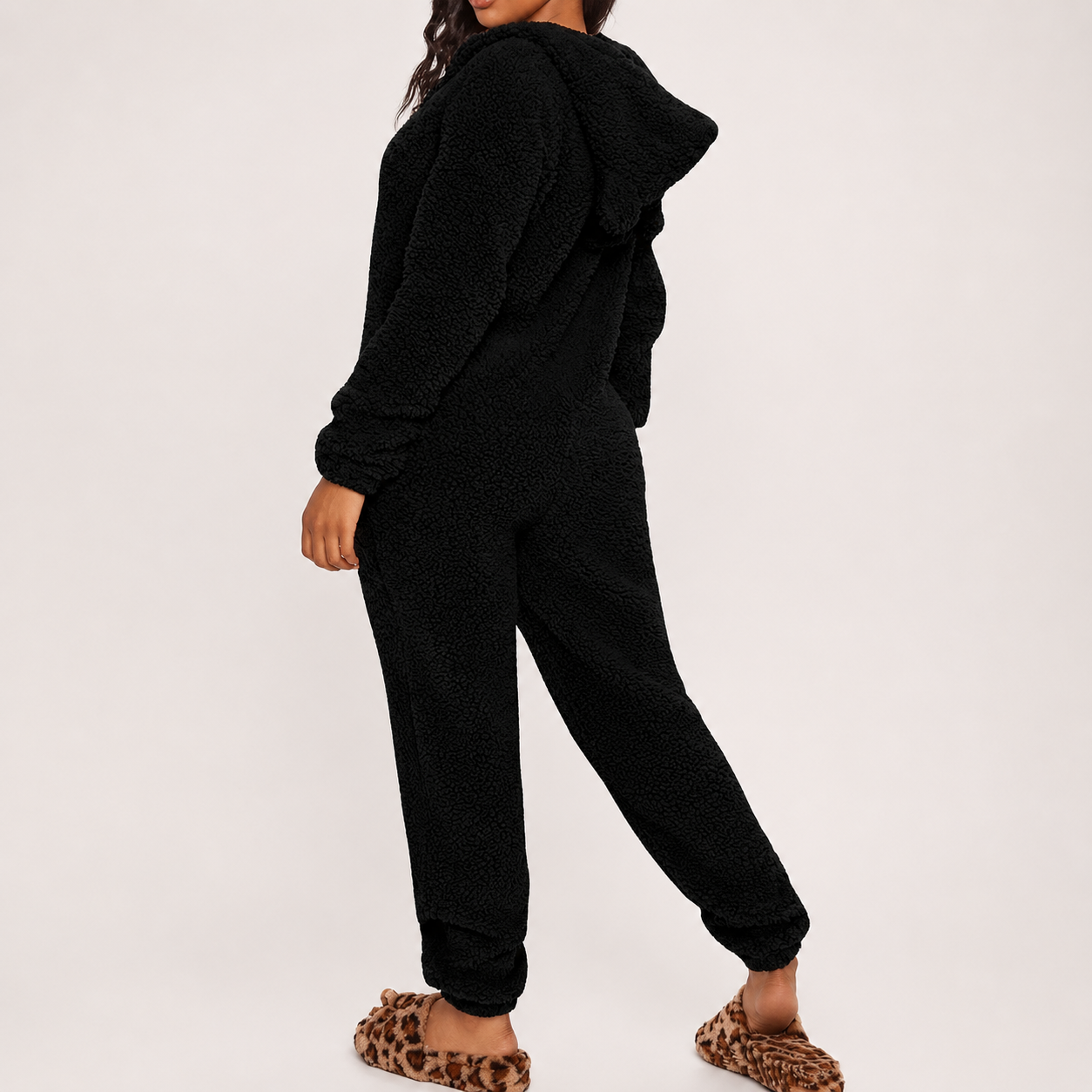 Solid Fall Winter Sleepwear Hooded Plush Pajama Jumpsuit With Zipper For Women