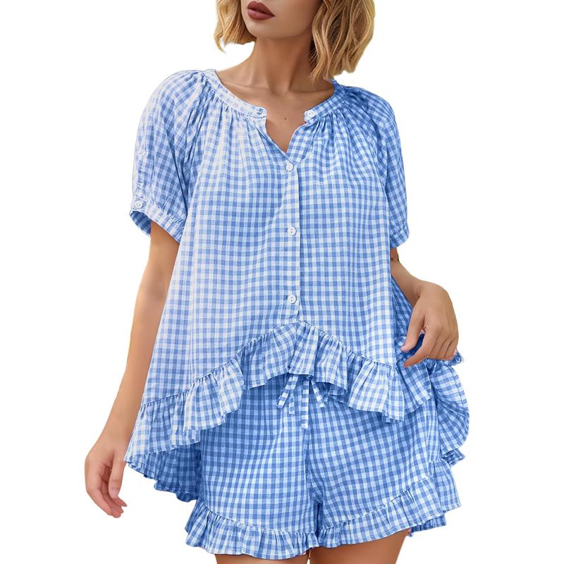 Ruffle Shirt And Plaid Shorts Two Piece Outfit Set