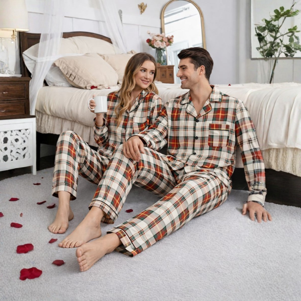 Plaid Pattern Long Sleeve Matching Pajama Set For Couple