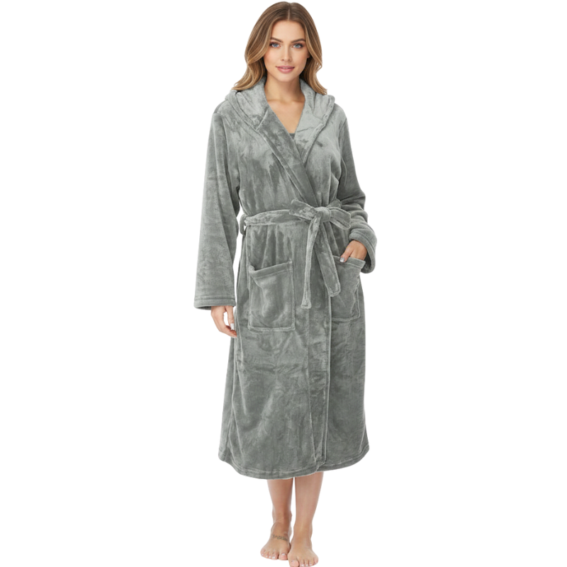 Womens Robes Plush Fleece Hooded Bathrobe Thick Nightgown With Pockets Fluffy Sleepwear