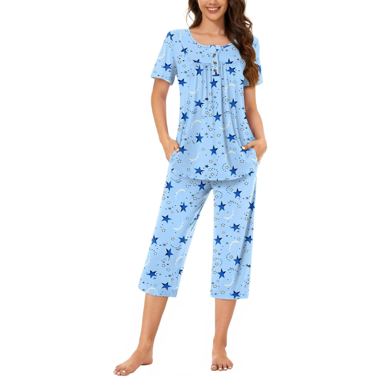 2 Piece Summer Pajama Set with Capri Pants For Women