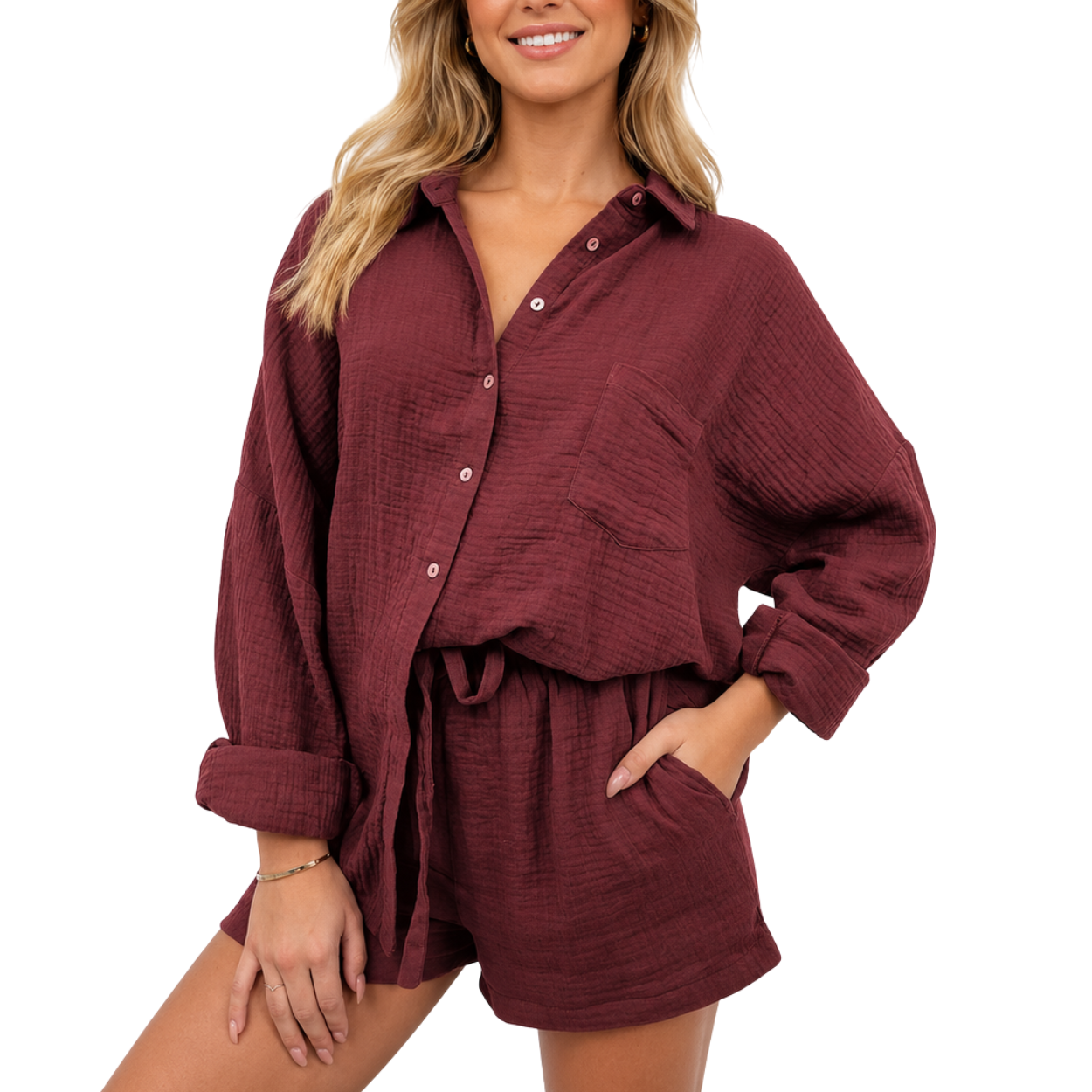 2 Piece Matching Lounge Set With Oversized Shirt And Shorts For Women