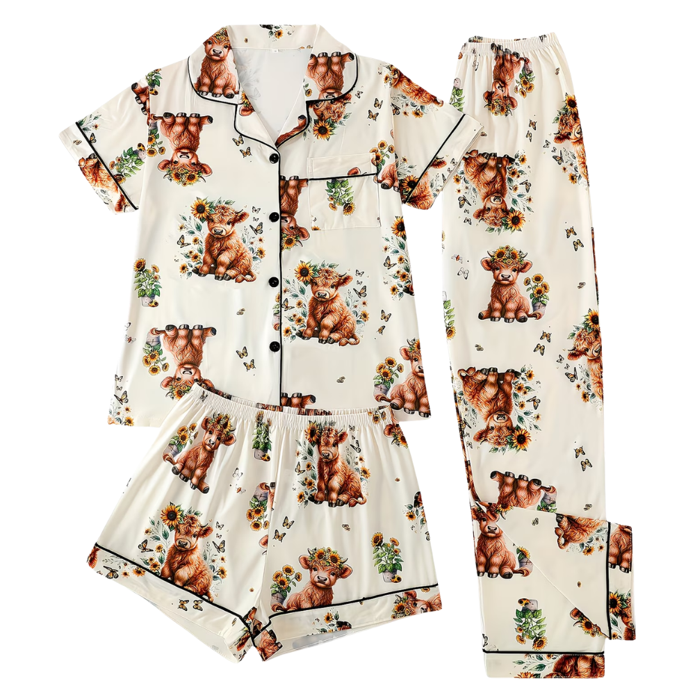 Three Piece Cow Print Pajama Set