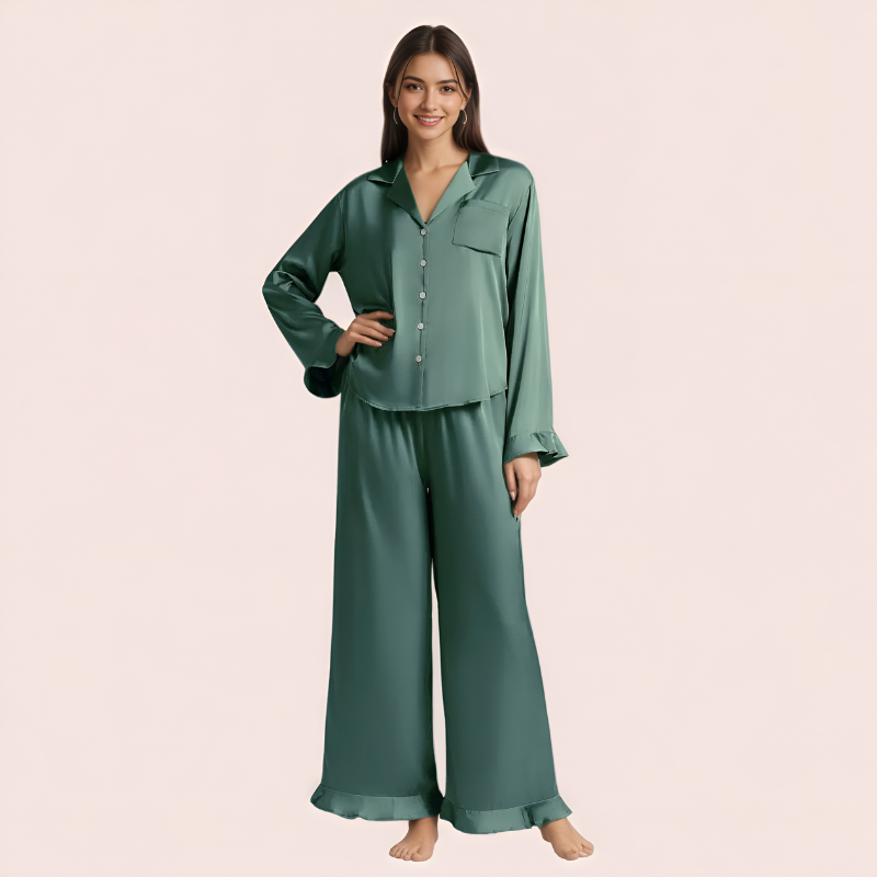 Ruffled Satin Long Sleeve Pajama Set