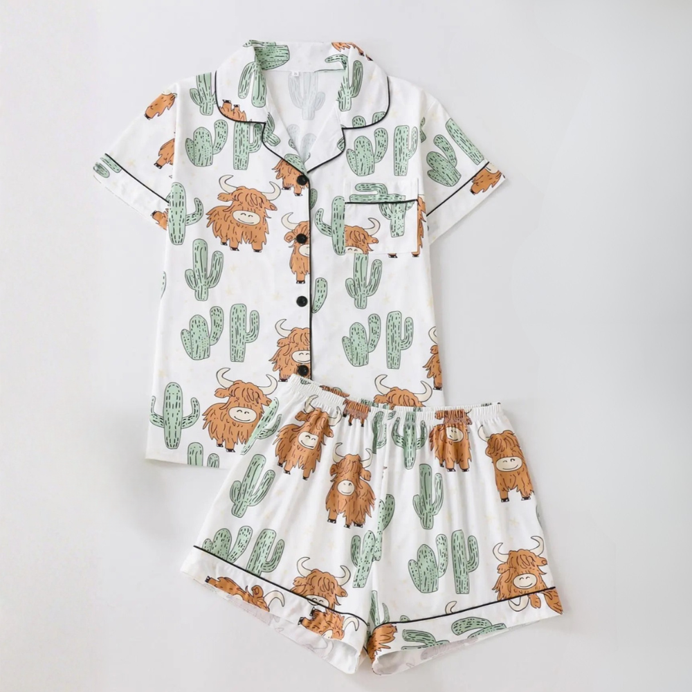 Two Piece Cartoon Yak And Cactus Printed Pajama Set For Women