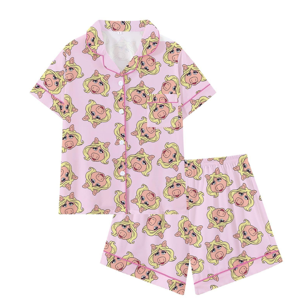 Cartoon Prints Loose Fitting Short Sleeve Sleepwear Set For Women